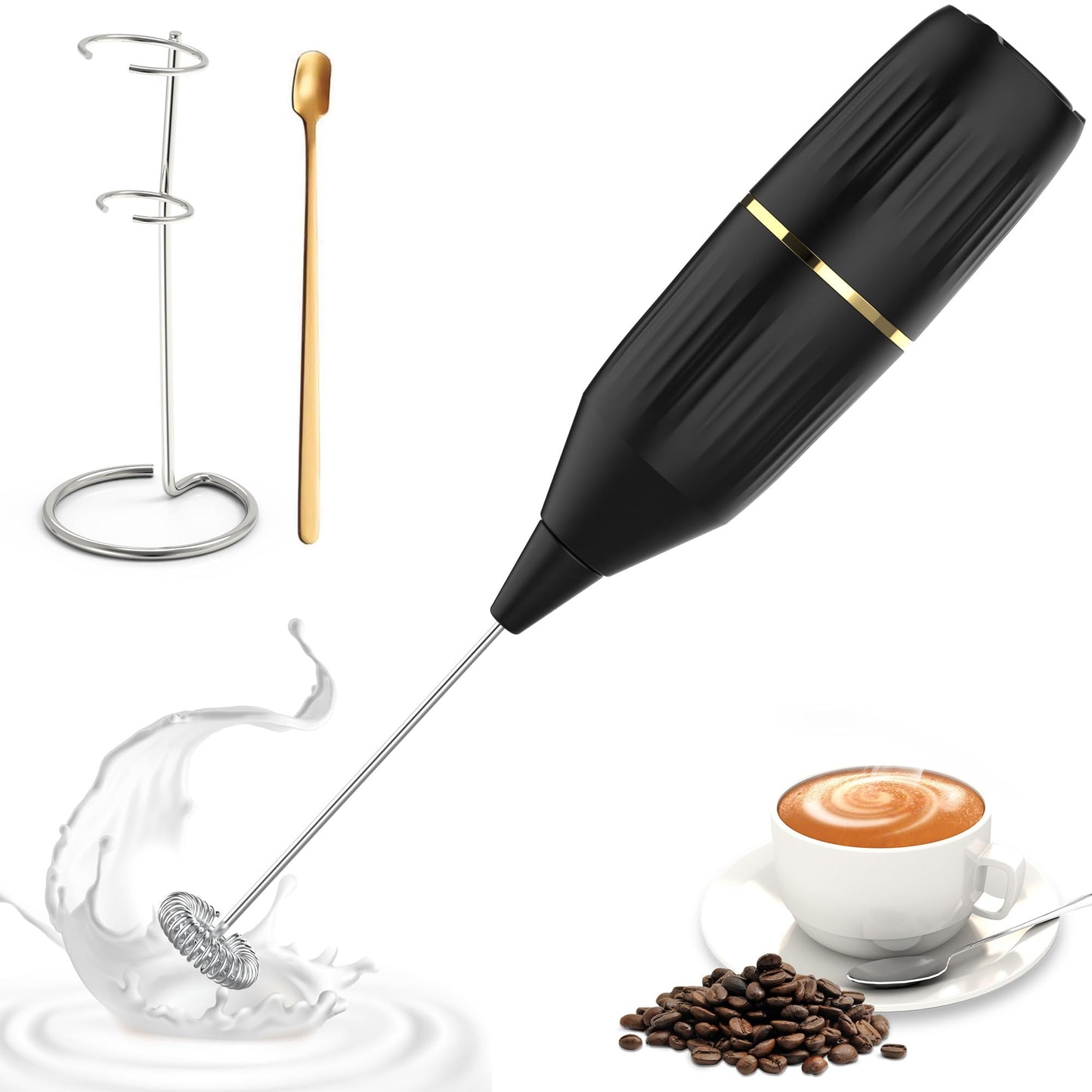 Handheld Milk Frother 14000 RPM Drink Mixer Wand with Stand & Stirring Spoon Quiet One-Button Operation Non-Slip Handle Detachable Whisk Head for Coffee Lattes Cappuccinos Matcha (Black)